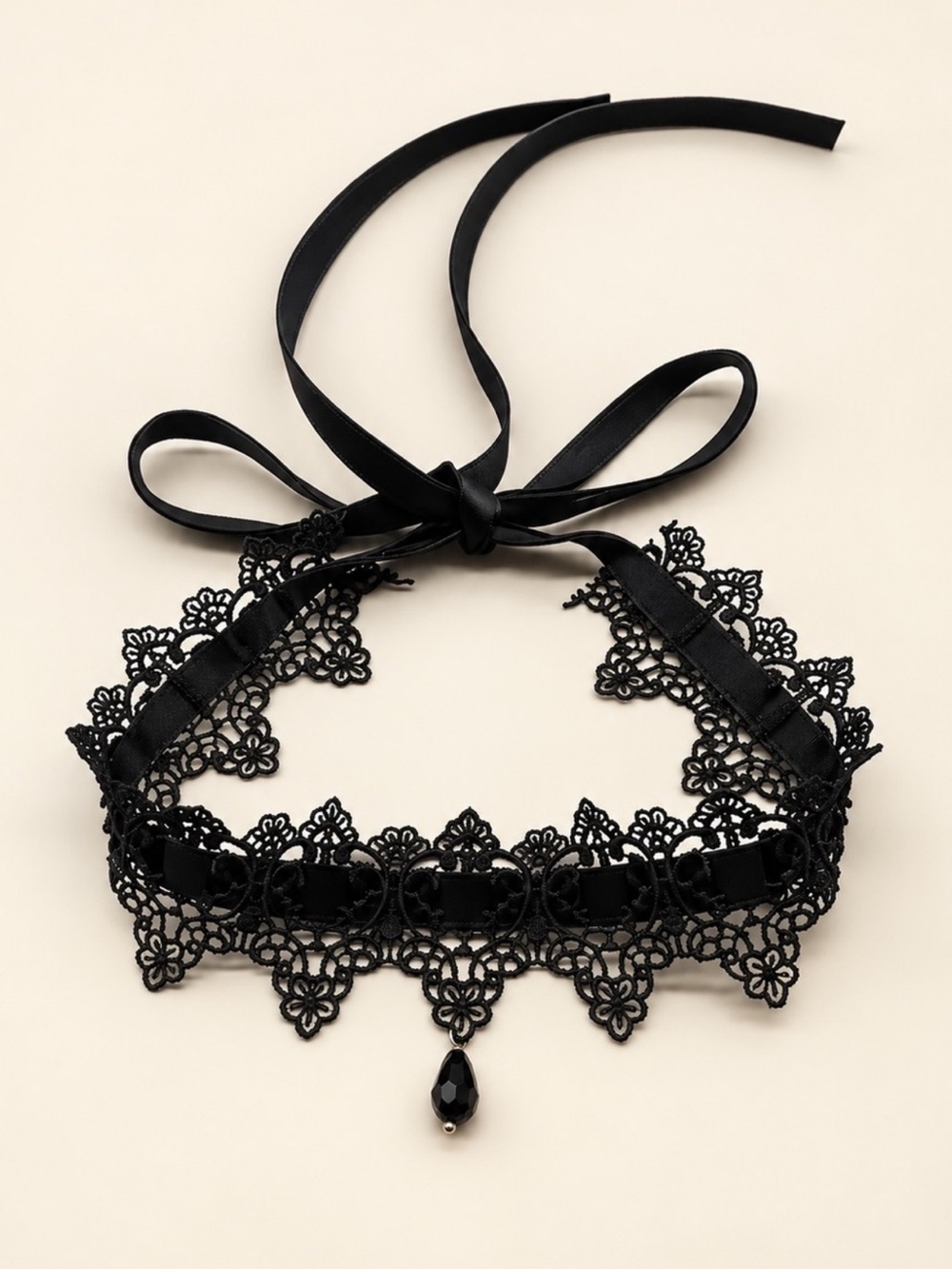 Gothic Black Lace Black Velvet Ribbon Choker Necklace